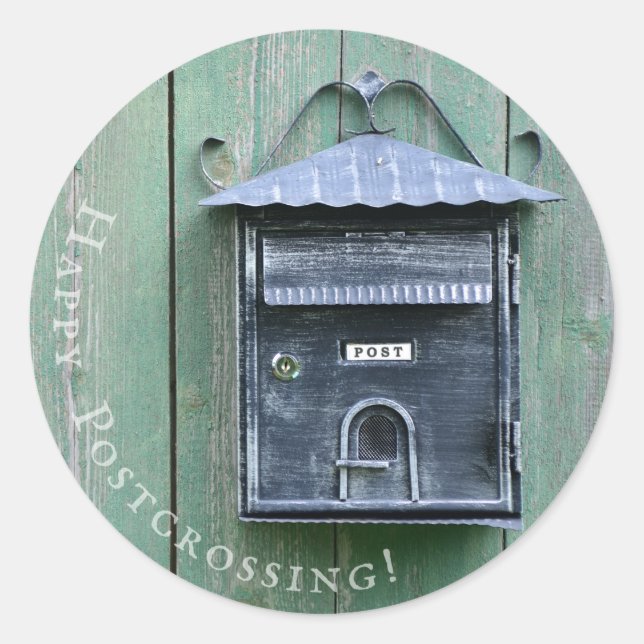 Lycklig Postcross! Postlåda. Runt Klistermärke (Framsida)