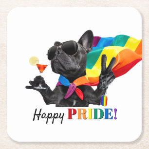 Lycklig Pride Party Hund i Regnbåge Cape Underlägg Papper Kvadrat