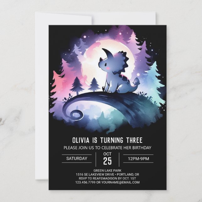 Lycklig Printable Triceratops Birthday Inbjudningar (Framsida)