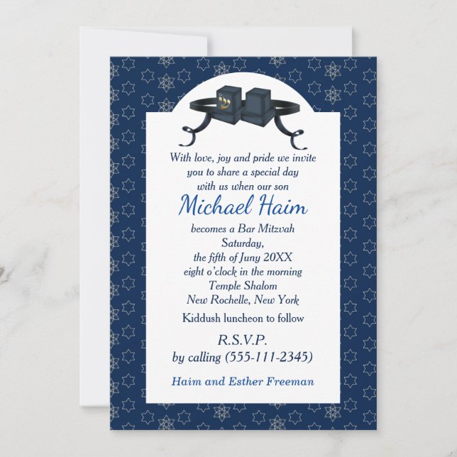 Lycklig Pub Mitzvah 20XX Blue Decorative Investiga Inbjudningar (Framsida)