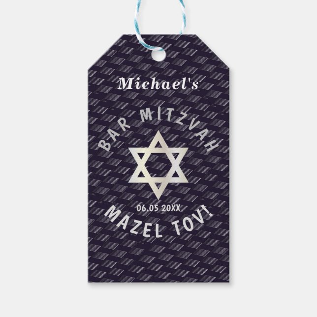 Lycklig Pub Mitzvah 20XX marinblått snyggt mönster Presentetikett (Framsidan)