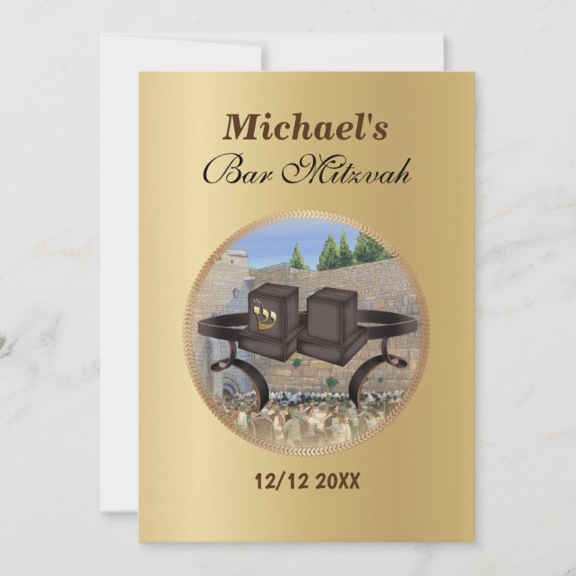 Lycklig Pub Mitzvah Jerusalem Kotel Tefillin Guld Inbjudningar (Framsida)