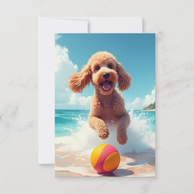 Lycklig Pudel vid Beach Note Card Tack Kort (Framsida)