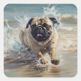 Lycklig Pug vid Beach-anpassadet Fyrkantigt Klistermärke