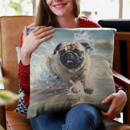 Lycklig Pug vid Beach-anpassadet Kudde
