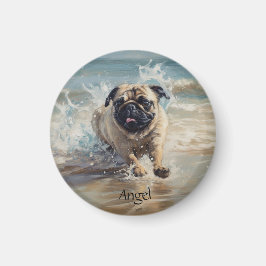 Lycklig Pug vid Beach-anpassadet Magnet