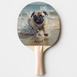 Lycklig Pug vid Beach-anpassadet Pingisracket