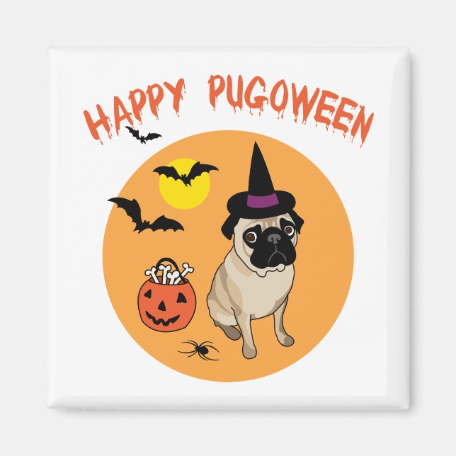 Lycklig Pugoween Halloween Pug Tees, gåvor Magnet (Framsidan)