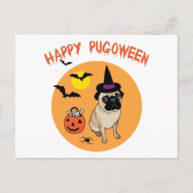 Lycklig Pugoween Halloween Pug Tees, gåvor Vykort (Framsida)