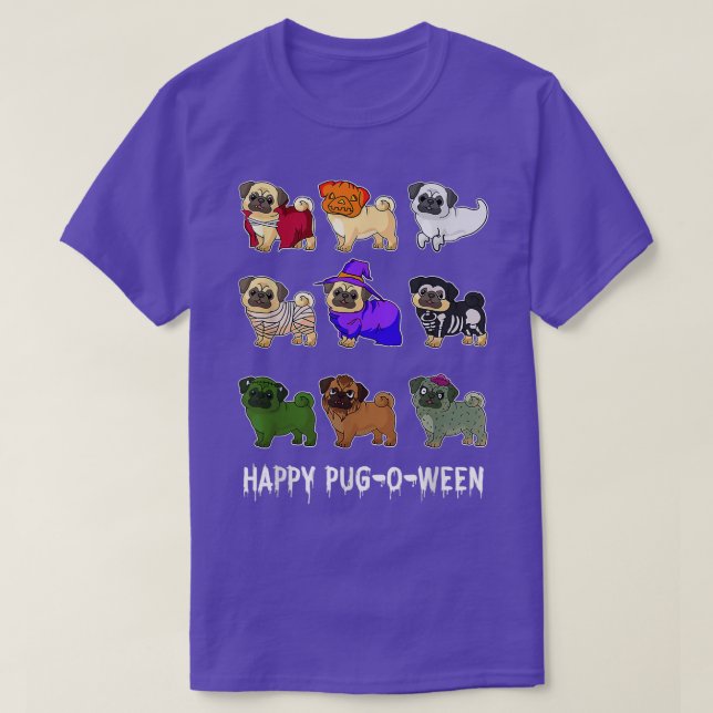 Lycklig Pugoween Pug Witch Zombie Skeleton Mummy H T Shirt (Design framsida)