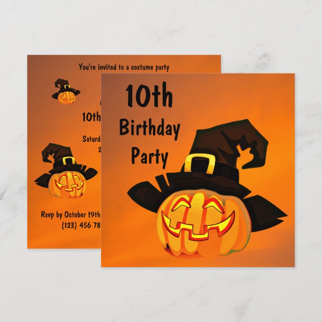 Lycklig pumpa i den 10th födelsedagen för häxahatt inbjudningar (Fram/baksida)