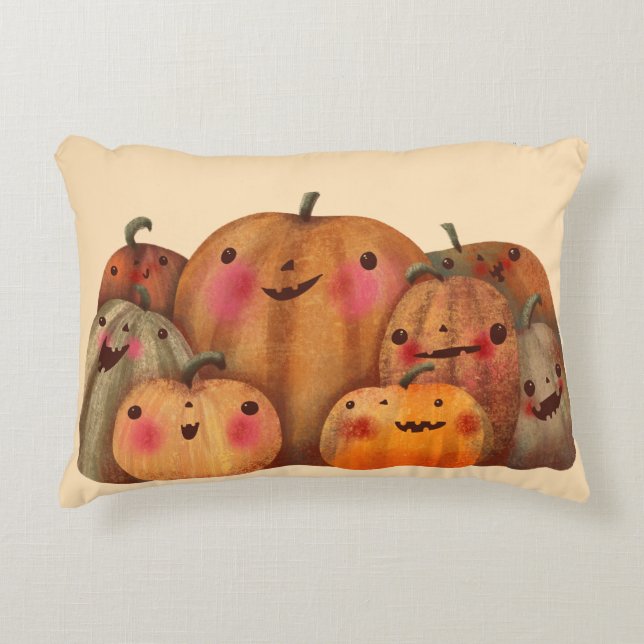 Lycklig Pumpkins - Cute Halloween Prydnadskudde (Framsidan)