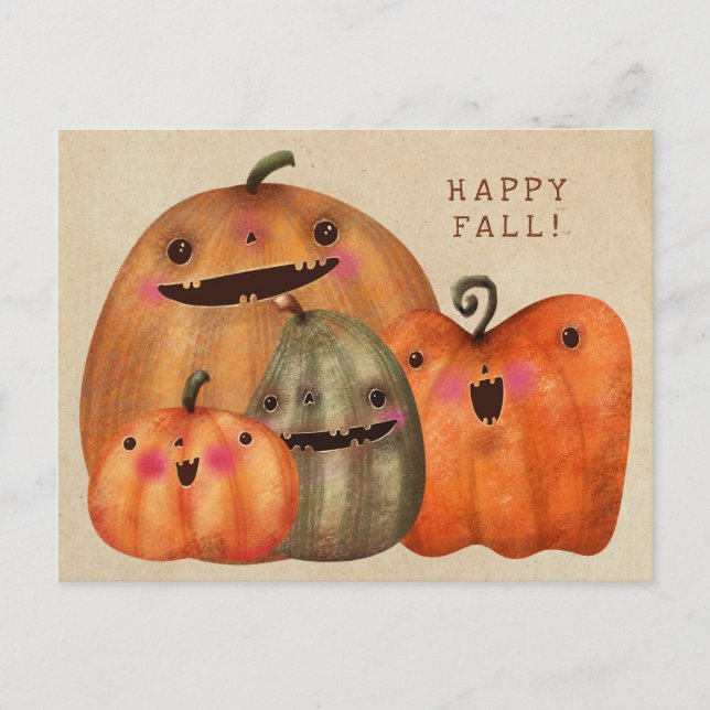 Lycklig Pumpkins - Cute Halloween Vykort (Framsida)