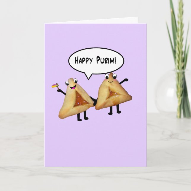 Lycklig Purim Cute Smiling Hamentaschen Tecknad Kort (Framsida)
