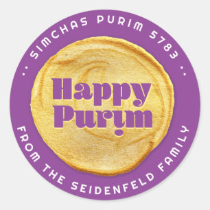 Lycklig Purim Elegant Guld Seal Lila Runt Klistermärke