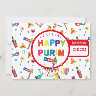 Lycklig Purim Festival Funny Leksaker Mönster Kids Spara Datumet