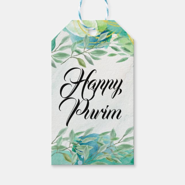 Lycklig Purim Gift Märkre Watercolor Grönt Guld Presentetikett (Framsidan)