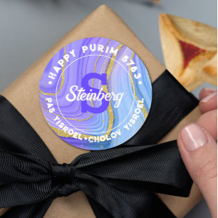 Lycklig Purim Kosher Info Monogram Agate Guld Runt Klistermärke