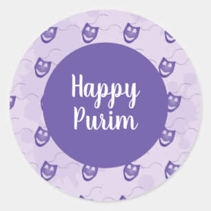 Lycklig Purim - Lila lycklig lustiga mask mönster Runt Klistermärke