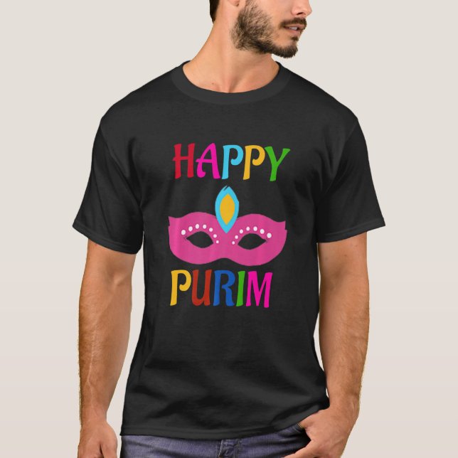 Lycklig Purim Mask T Shirt (Framsida)