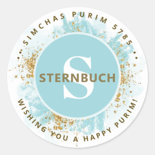 Lycklig Purim Watercolor Glitter Blue Monogram Runt Klistermärke