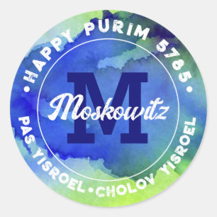 Lycklig Purim Watercolor Monogram Kosher Info-klas Runt Klistermärke