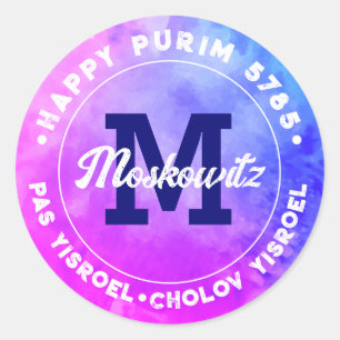 Lycklig Purim Watercolor Monogram Kosher Info-klas Runt Klistermärke