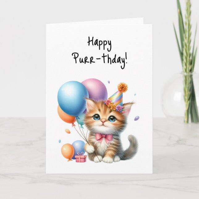 Lycklig Purr-thday Birthday Kitten Balloons Kort (Framsida)