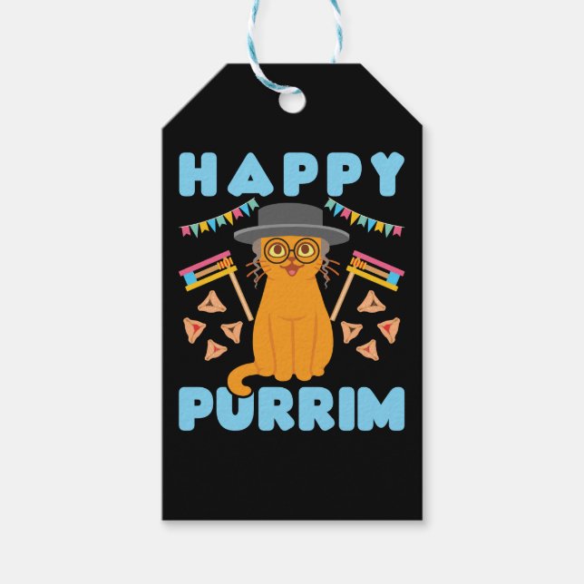 Lycklig Purrim Purim Cat Jewish Helgdag Presentetikett (Framsidan)