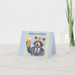 Lycklig Raccoon i Kostym med Beer Toast Birthday Kort