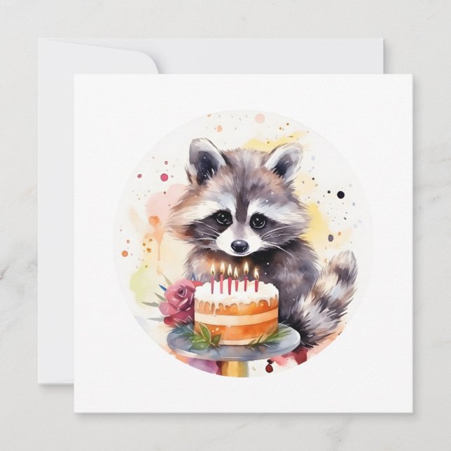Lycklig Raccoon med Birthday-tårta (Framsida)