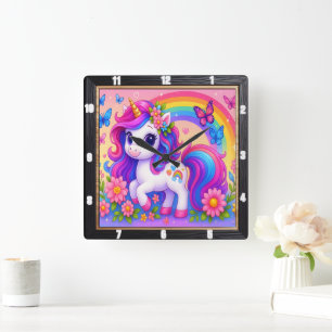 Lycklig Rainbow Unicorn Blommigt Fyrkantig Klocka