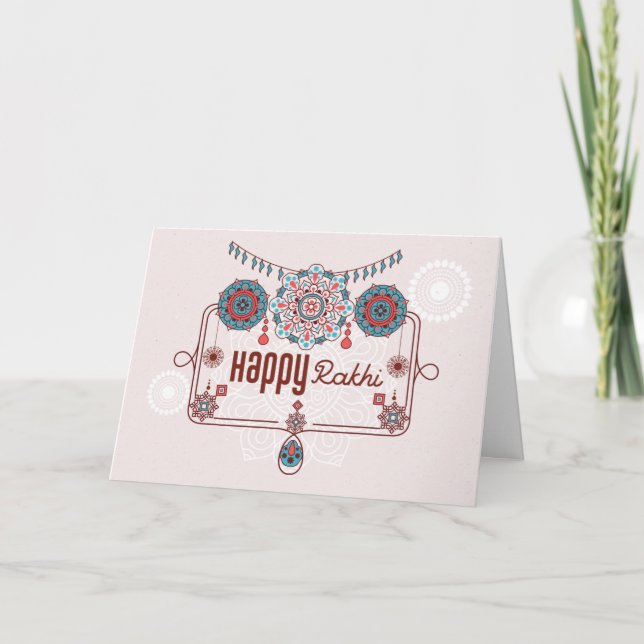 Lycklig Rakhi, Raksha Bandhan, dammig rosa, teal Kort (Framsida)