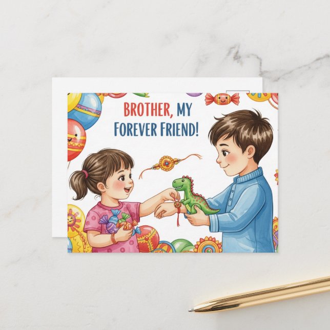 Lycklig Rakhi, Raksha Bandhan Vykort (Fram/Back In Situ)