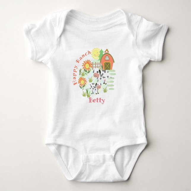 Lycklig Ranch Cow. Personaliserad. Baby Bodykostym T Shirt (Framsida)