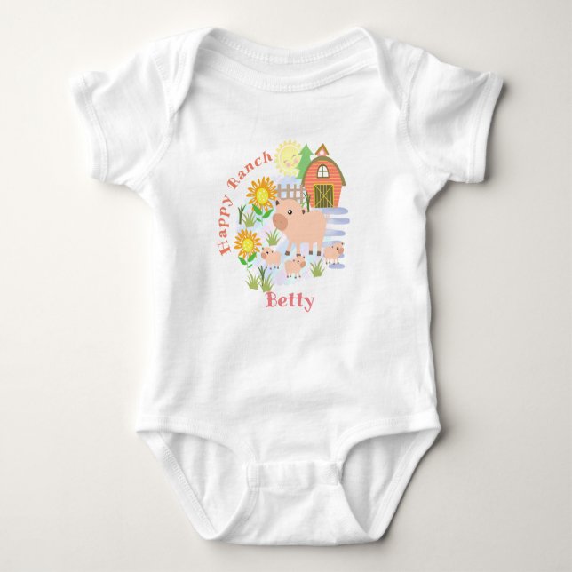 Lycklig Ranch Gris. Personaliserad. Baby Bodykosty T Shirt (Framsida)