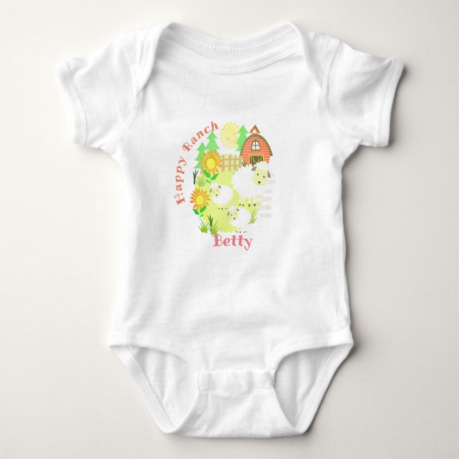 Lycklig Ranch Sheep. Personaliserad. Baby Bodykost T Shirt (Framsida)