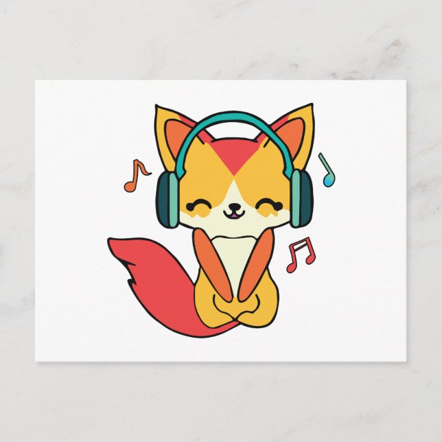 Lycklig räv med hörlurar som lyssnar på musik. helg vykort (Framsida)