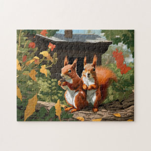 Lycklig Red Squirrels i ett Träd House Pussel