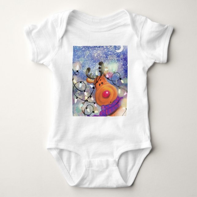 Lycklig Reindeer jul Baby Bodykostym T Shirt (Framsida)