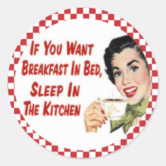 Lycklig Retro Breakfast i Bed Housefru Stickers Runt Klistermärke