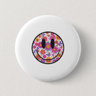 Lycklig Retro Daisy Smile Ansikte Preppy Aesthetic Knapp