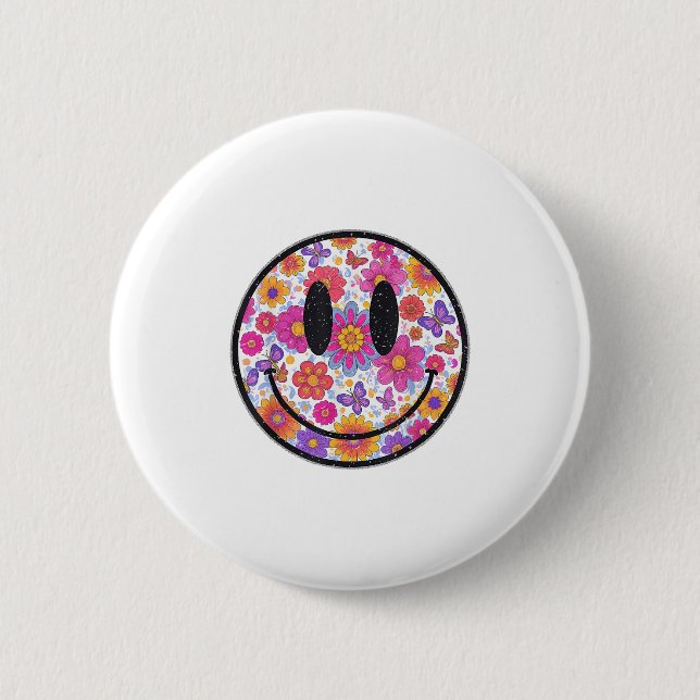 Lycklig Retro Daisy Smile Ansikte Preppy Aesthetic Knapp (Framsida)