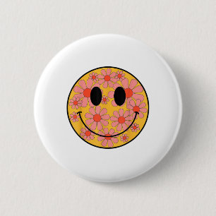 Lycklig Retro Daisy Smile Ansikte Preppy Aesthetic Knapp