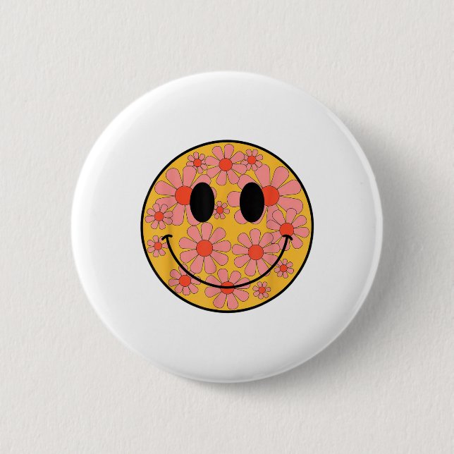 Lycklig Retro Daisy Smile Ansikte Preppy Aesthetic Knapp (Framsida)