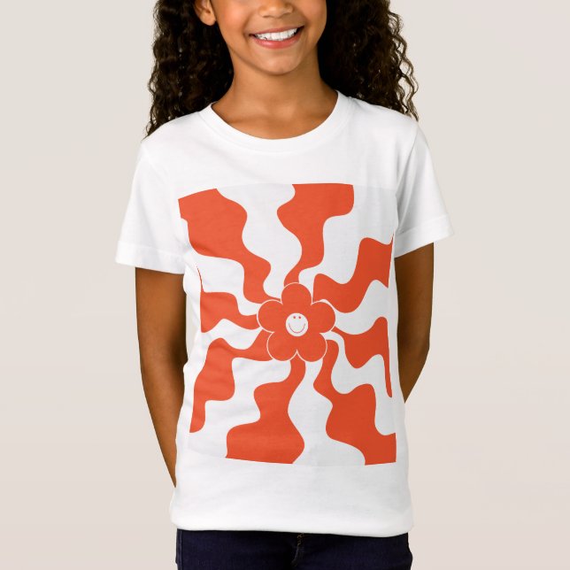 Lycklig Retro-Daisyn i Orange och vit T Shirt (Framsida)