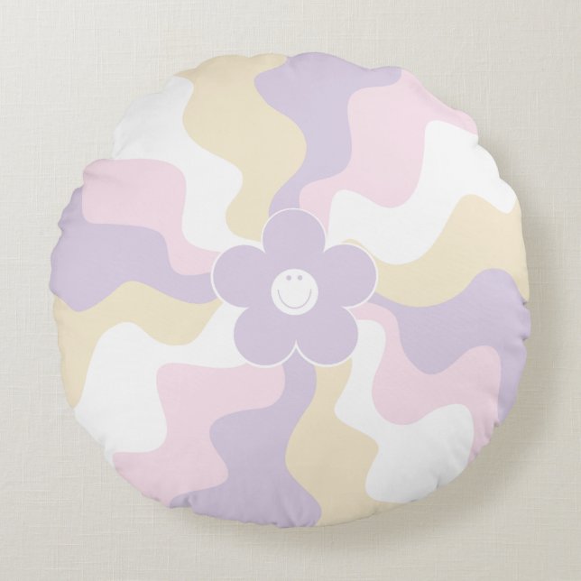 Lycklig Retro-Daisyn - Pastellns Rosa, Gult och Li Rund Kudde (Framsidan)