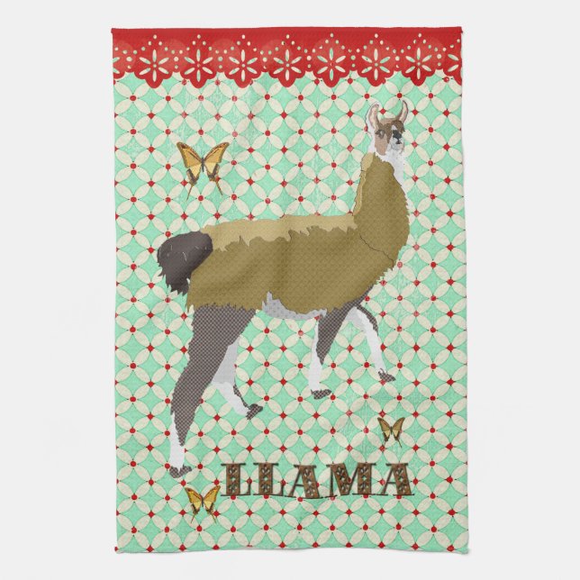 Lycklig Retro utsmyckad kökshandduk för Llama & (Vertikal)