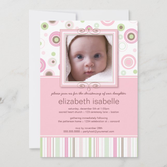 Lycklig Rosa Dots Baby Photo Christening bjudande Inbjudningar (Framsida)