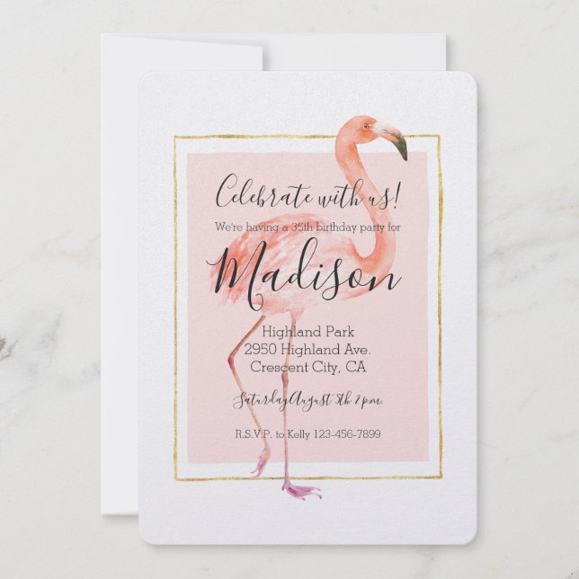 Lycklig Rosa Flamingo-födelsedagen Inbjudningar (Framsida)